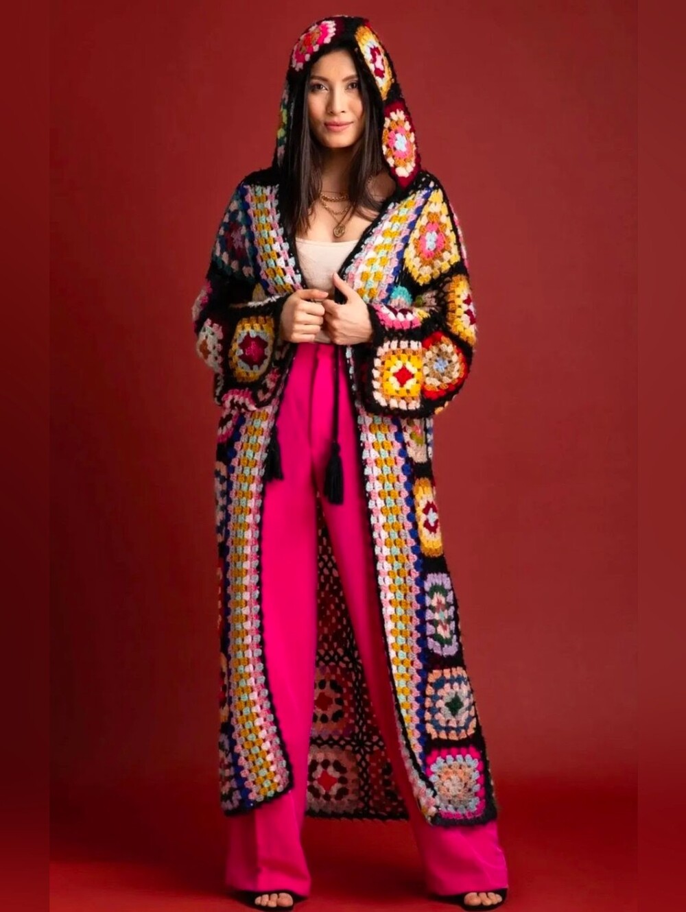 Saachi Hooded Granny Square Crochet Kimono - O/S